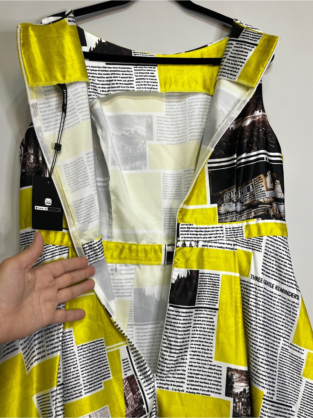 .Yellow Black White Newspaper Print Dress - Picture 8 of 11